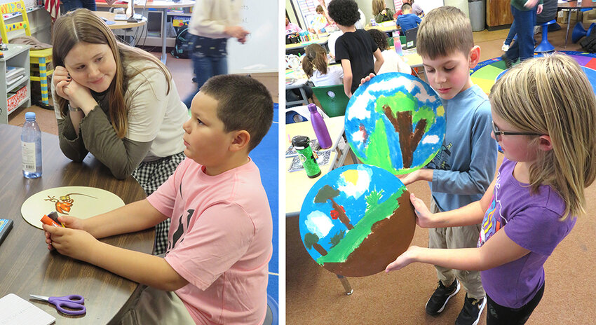 Lawrence Cosentino/City Pulse
(Left) Liam Michocoán shows off the monarch butterflies he painted at a February workshop at Post Oak. Michocoán’s father came from the region in Mexico where all monarchs gather each winter. (Center) Second grader Henry Person ponders his next artistic choice as Havern offers encouragement. (Right) Second graders Nora Clark and Caleb Gabany show off their insect tableaux.