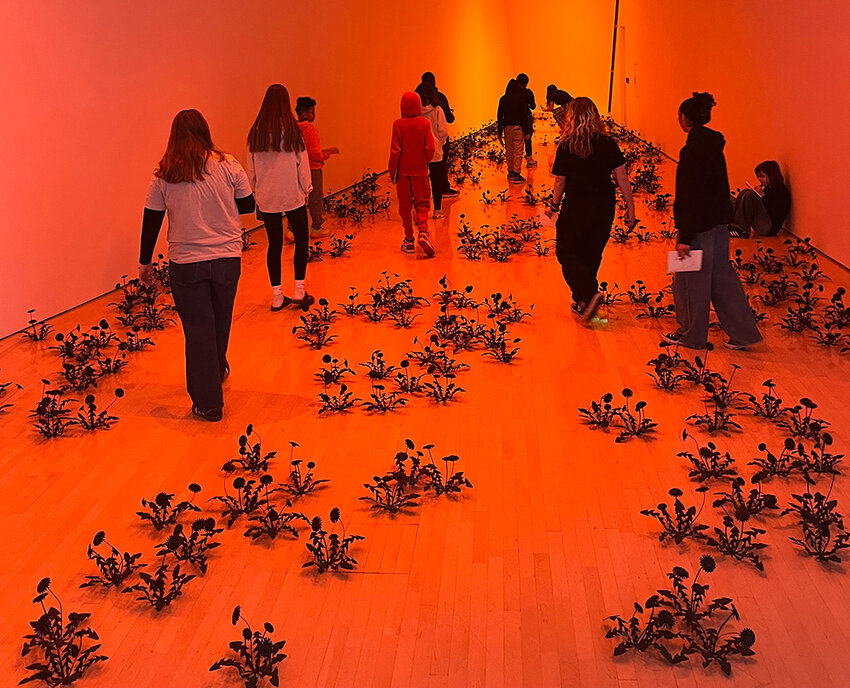 Photo by Amber Crosby-Boerma
Holt Junior High School students explore artist Esmaa Mohamoud’s field of die-cut dandelions on a Broad visit last year.