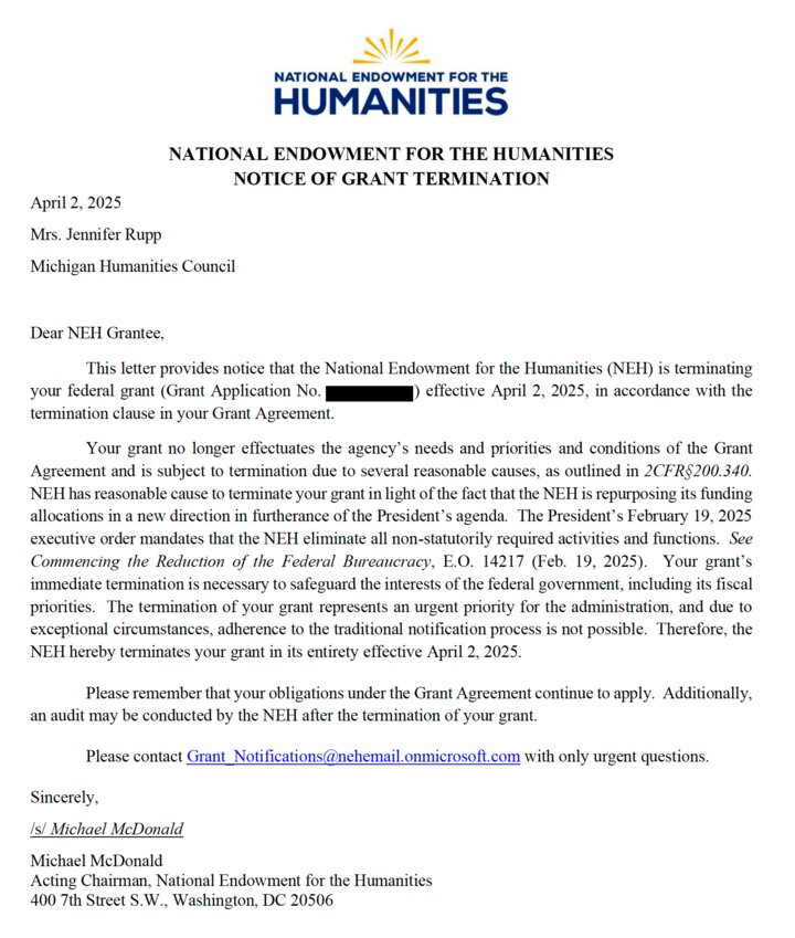 The letter from the National Endowment for the Humanities terminating the Michigan Humanities Council’s federal funding.