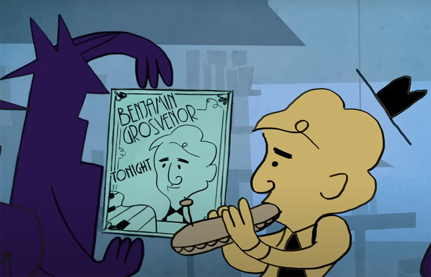 An animated Grosvenor is torn between finishing a sandwich and playing George Gershwin’s “Rhapsody in Blue” in a promotional video for a 2013 Decca recording.