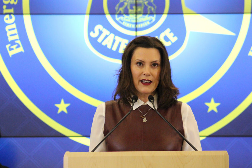 Gov. Gretchen Whitmer speaks about coronavirus during a briefing on Friday.