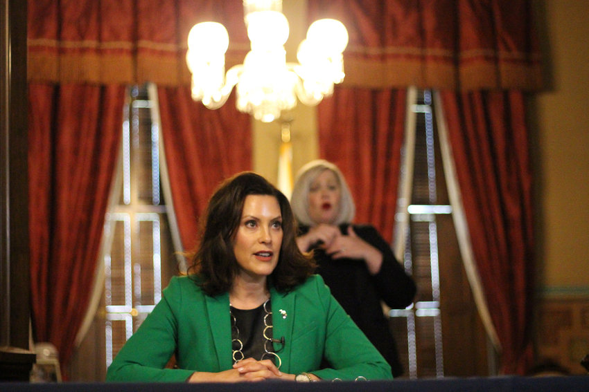 Gov. Gretchen Whitmer speaks from the Michigan State Capitol on Thursday afternoon.