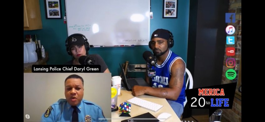 Lansing Police Chief Darryl Green expressed his disgust with the death of George Floyd in Minneapolis when Green appeared on a podcast last night. Pictured with him are the podcast's hosts,Erica and Mike Lynn, a Lansing firefighter.