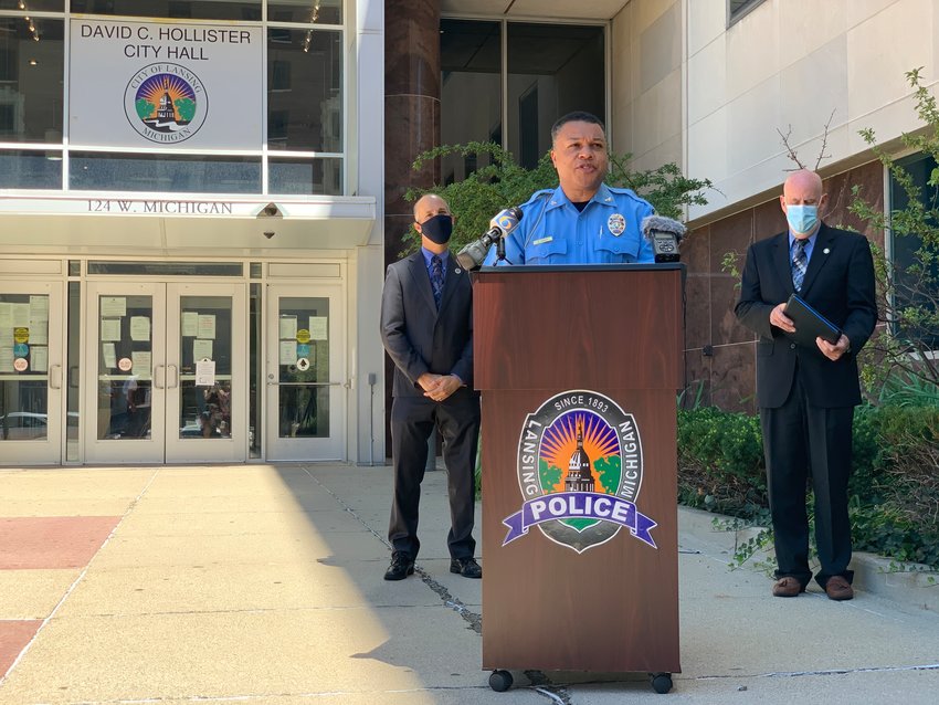 Police Chief Daryl Green discusses accreditation from the Michigan Association of Chiefs of Police alongside Mayor Andy Schor (left) and MACP Director Robert Stevenson on Tuesday.