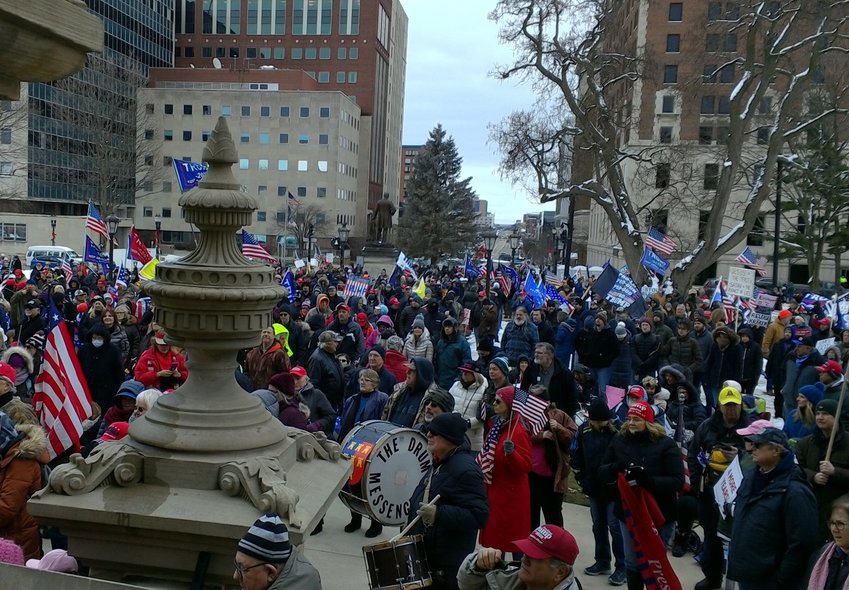 A Trump rally forms at the Michigan Capitol on Wednesday during the certification of President-elect Joe Biden.