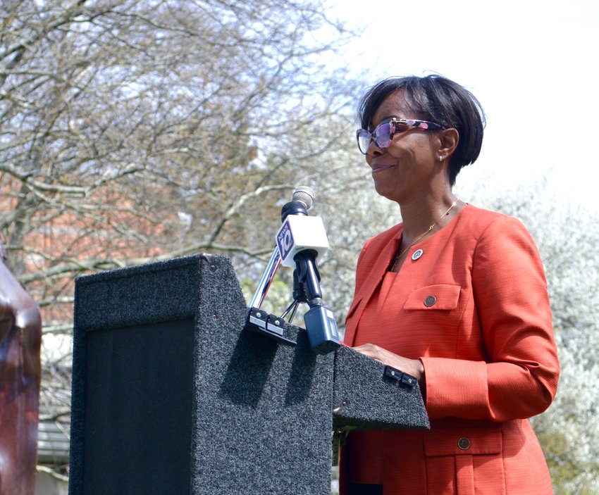 Lansing City Councilwoman Patricia Spitzley announces her campaign for mayor at Wentworth Park on Wednesday.