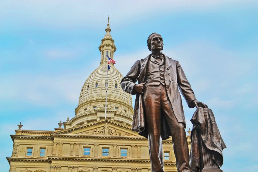 The statue of Austin Blair, Michigan&rsquo;s Civil War governor, in front of the state Capitol