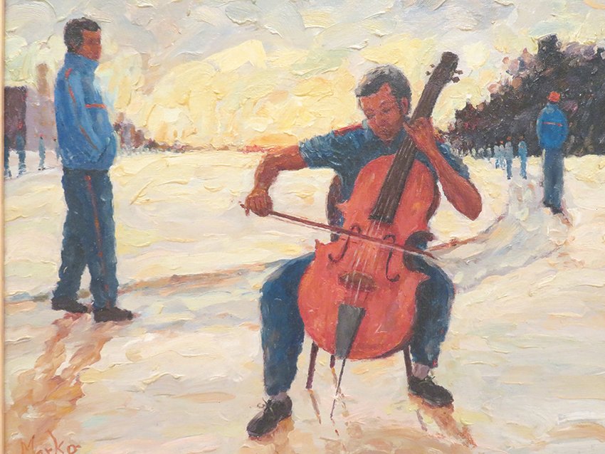 &ldquo;Imaginary Cello,&rdquo; by Oliger Merko, shows the incarcerated artist looking at his alternate self.