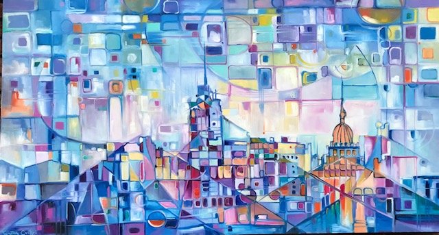 Several of Okrikri's paintings transform the Lansing skyline into a kaleidoscope of color and geometry.