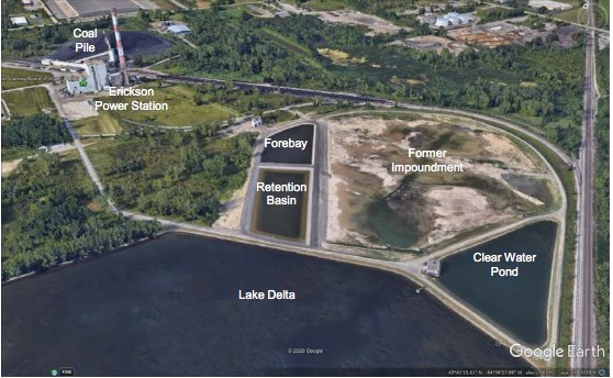 This aerial photo from a 2020 report by the Lansing Board of Water and Light shows four coal ash ponds near the Erickson Power Station, off Canal Road in Eaton County. The ponds are identified in the image as Clear Water Pond, Former Impoundment (which has been decommissioned), Forebay and Retention Basin.