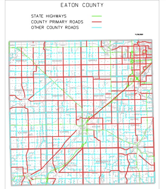 -The cyan colored roads on this Eaton County map could be opened for off-road vehicles this year.