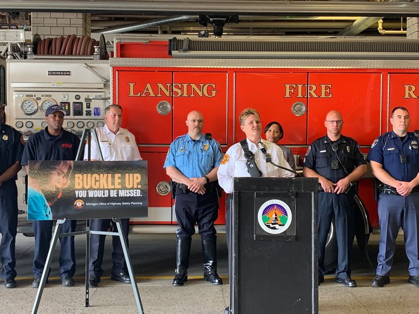 Former LFD Battalion Chief Shawn Deprez speaks at a press conference in 2019.