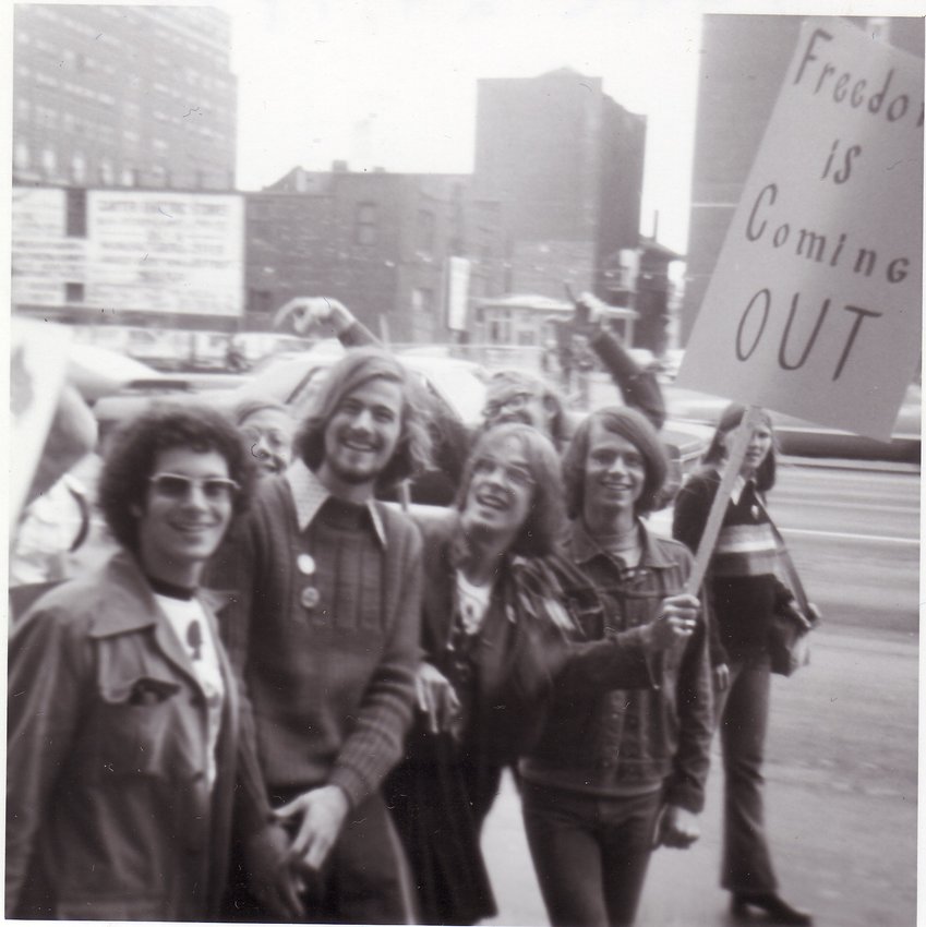 Members of the Michigan State University Gay Liberation Movement Leonard Graff, Michael Christianson, Alex McGehee, Orville Hayes, and John Mathison take part in the Christopher Street Detroit &rsquo;72 march, June 24, 1972. Photo from Sunflower newspaper.