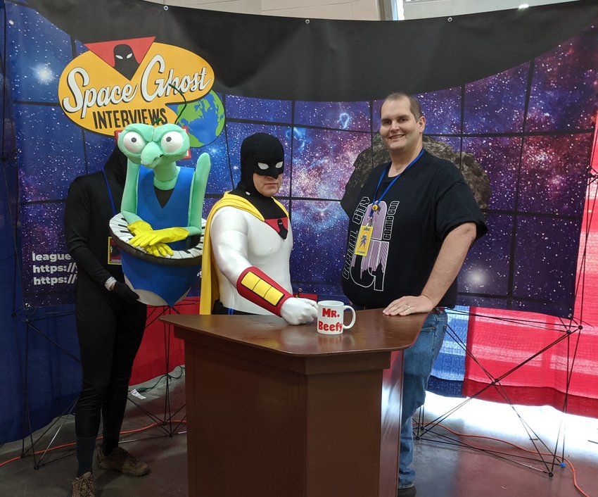 Capital City Comic Con co-owner Bryan Harris (right) with Shamus Smith, aka the Lansing Batman, dressed as Spaceghost. He is getting married Sunday at the convention. He will also be interviewing guests on the mainstage (as Spaceghost), including actor Tom Arnold.