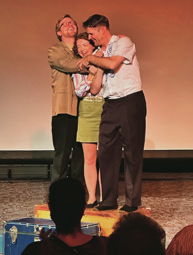 Josh Martin as Charley Kringas, Dinah DeWald as Mary Flynn and James Curtis as Frank Shepard in &ldquo;Merrily We Roll Along&rdquo; at Peppermint Creek Theater Company.