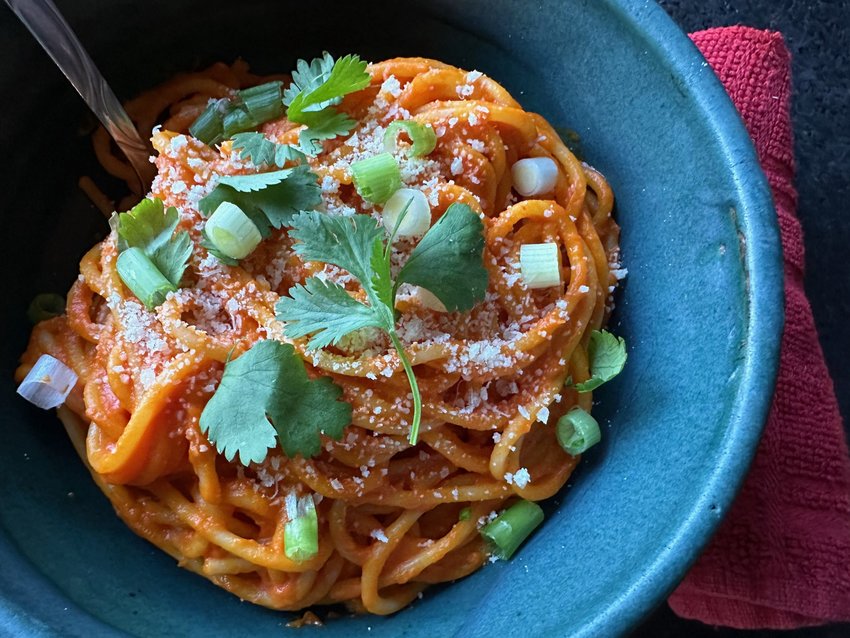 Magma sauce, pictured here over pasta, is the polymath of condiments. It adds delicious flavor to any dish and is also delectable on its own as a soup.