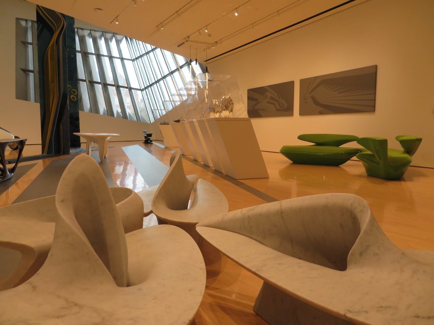 Undulating furniture, upward-zooming carpets and an egg-shaped prototype car romp freely in the MSU Broad&rsquo;s main gallery.