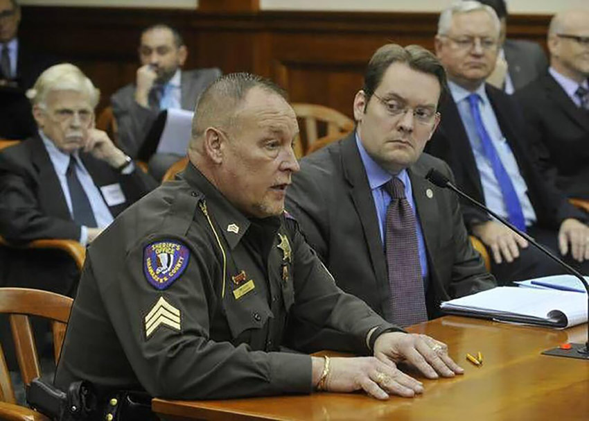 Shiawassee County Sheriff Doug Chapman, left, is shown testifying before the Michigan House Judiciary Committee in 2017, when he was a sergeant in the Sheriff&rsquo;s Department. Seated to Chapman&rsquo;s left is Rep. Ben Frederick, R-Owosso, whose term ended Jan. 1.