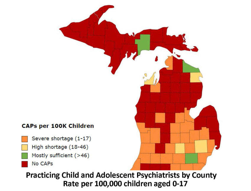 This map shows that Ingham County has a &ldquo;high shortage&rdquo; of child and adolescent psychiatrists, according to the American Academy of Child and Adolescent Psychiatrists, which says the county has 14.