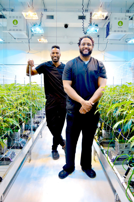 Former Detroit Lions players Calvin Johnson Jr. (left) and Rob Sims started Primitiv Group to advance cannabis as a form of &ldquo;elevated wellness.&rdquo;