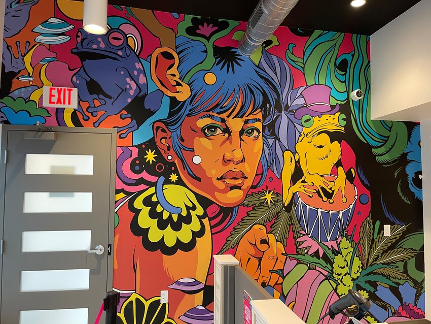 The inside of Sapura, a new dispensary on Dunckel Road, features a large, trippy mural by the Brazilian illustrator and muralist duo Bicicleta Sem Freio (&ldquo;Bicycle Without Brake&rdquo;).
