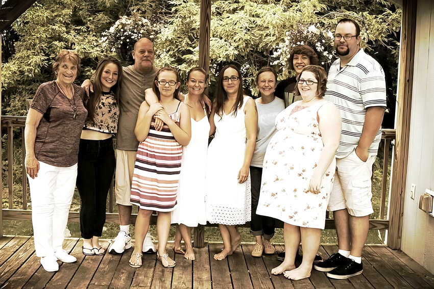 Attendees at Lindsay and Nikki&rsquo;s wedding &mdash; from left, Sally Floyd; Chelsea Davis; Dave Butler; Kearstin Ervin; the brides Lindsay Dryer and Nikki Dryer; Rhonda Butler; Matt Butler; Megan Champlin; and Adam Champlin &mdash; are shown in this 2015 photo taken in Ionia, Michigan. Not in attendance, the writer, Josh Champlin, brother of Lindsay Dryer.