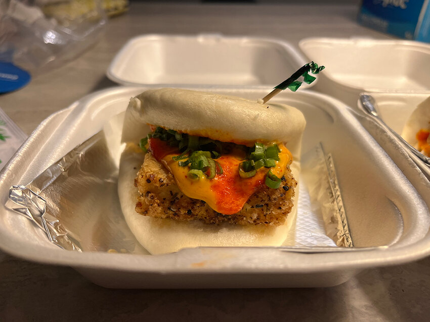Ruckus Ramen&rsquo;s Fried Tofu Bao (pictured) and Fried Chicken Bao are almost exactly the same: perfectly crispy deep-fried protein topped with spicy mayo, chili sauce and scallions, all contained within soft, pillowy bao buns.