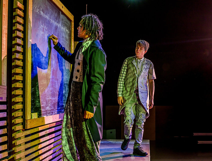 Camilla Trudell (left) as Actor and Chet Brayton as Isaac Newton in &ldquo;Isaac&rsquo;s Eye,&rdquo; by Lucas Hnath, running at Lansing Community College&rsquo;s Black Box Theatre   8 p.m. Friday (Oct. 13) and Saturday (Oct. 14).