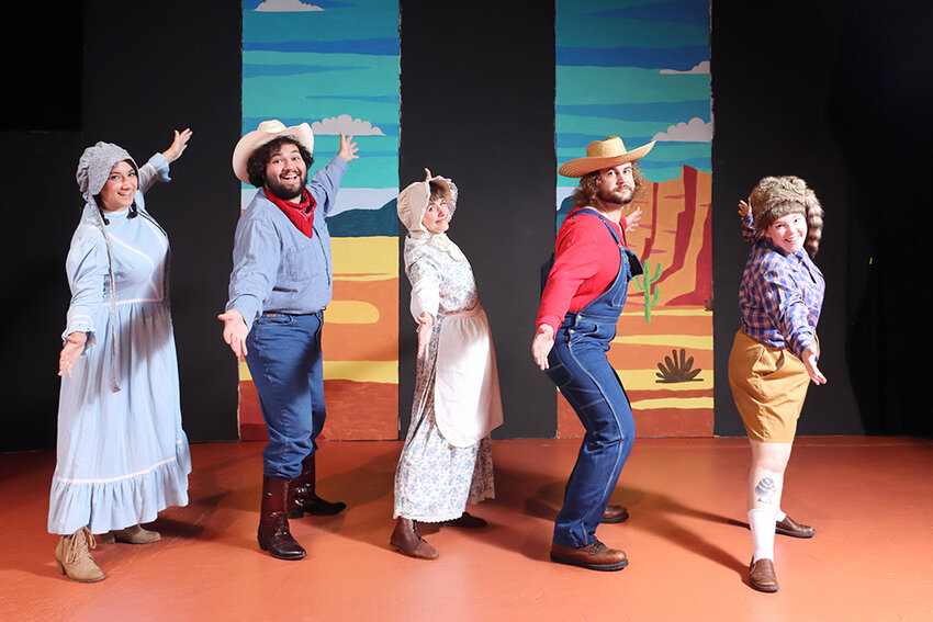 The cast of Riverwalk Theatre&rsquo;s production of &ldquo;The Trail to Oregon.&rdquo; From left: Kaela Panicucci as Daughter, Quentin Villa as Father, Taren Going as Mother, Dale Wayne Williams as Grandpa and Xia Skowronek as Son.