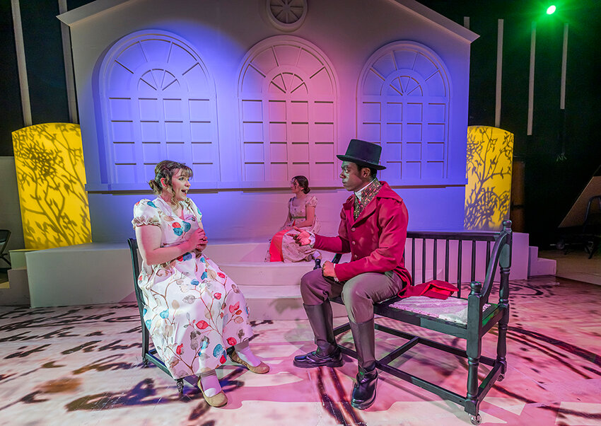From left: Emily Brannam (Elinor Dashwood), Vivian Brown (Marianne Dashwood) and Trey Sylla (Col. Brandon) in Lansing Community College&rsquo;s production of &ldquo;Sense and Sensibility.&rdquo;