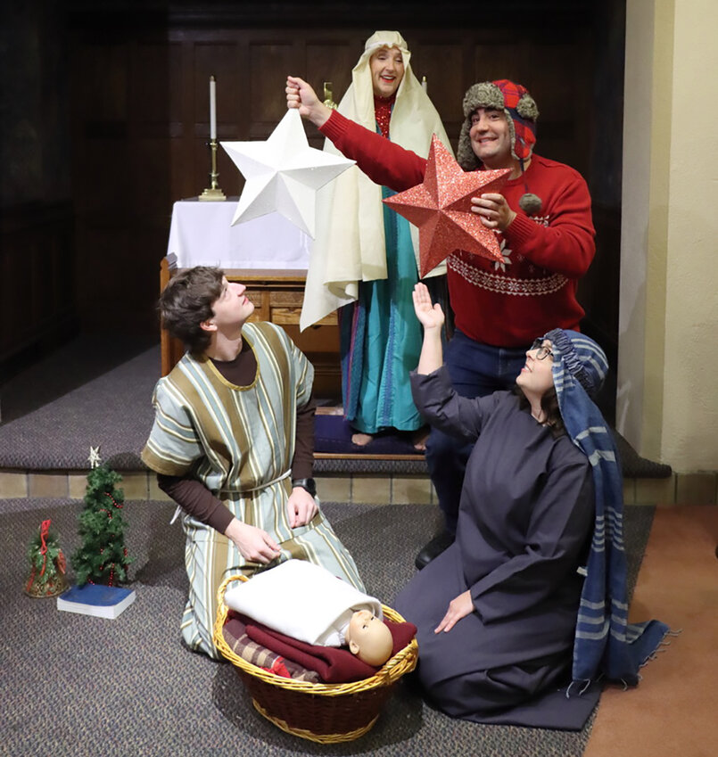 Rich Kopitsch (front left) as Justin Waverly, Morgan Pohl (back left) as Gina Jo Dubberly, Tim Edinger (back right) as Raynerd Chisum and Linda Widener as Honey Raye Futrelle in Riverwalk Theatre&rsquo;s production of &ldquo;Christmas Belles.&rdquo;