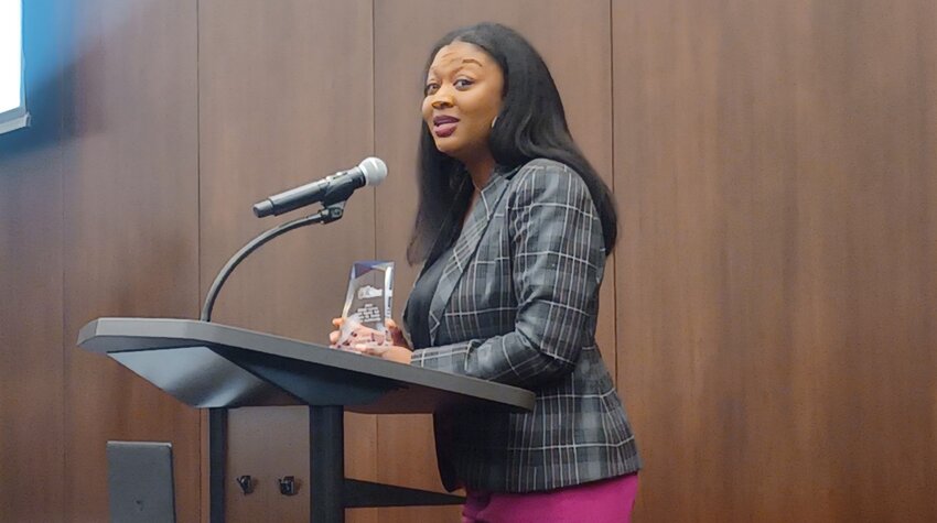State Sen. Sarah Anthony, a Lansing native representing the 21st District,  accepting the Elliot-Larsen Award for Public Service Leadership at the 60th anniversary breakfast reception of the Michigan Civil Rights Commission at Heritage Hall today.