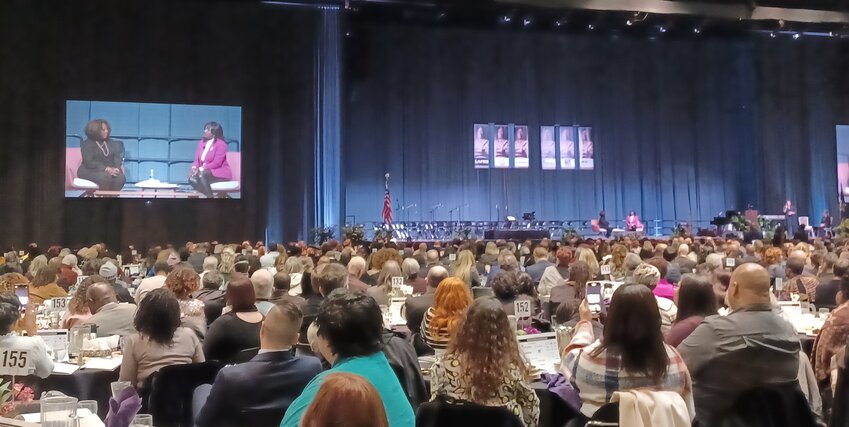 More than 1,500 people attended the annual MLK Day luncheon at the Lansing Center today, where state Sen. Sarah Anthony (right), D-Lansing, questioned Ruby Bridges, who 64 years ago became the first child to integrate an elementary school in the South.
