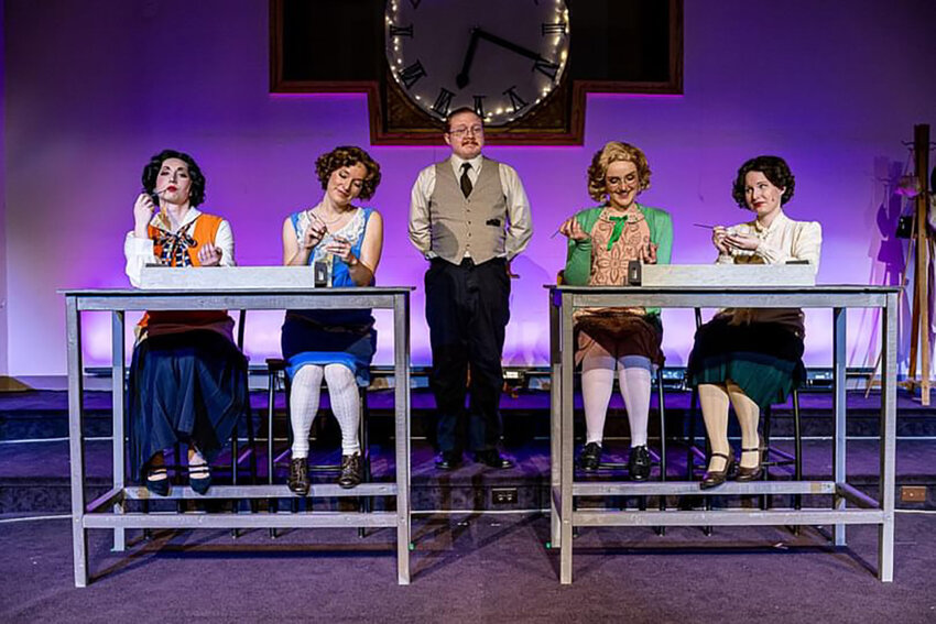From left: Mandy Jaster (Charlotte Purcell), Christine Hall (Catherine Donohue), Luke Mason (Mr. Reed), Lexy Irving (Pearl Payne) and Rebecca Morgan (Frances O&rsquo;Connell) in Alive Theatre&rsquo;s production of &ldquo;These Shining Lives.&rdquo;
