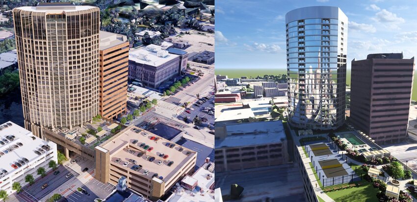 The new design for the Tower on Grand (left), 215 S. Grand Ave., as compared to the original proposal shared by developer John Gentilozzi in August.