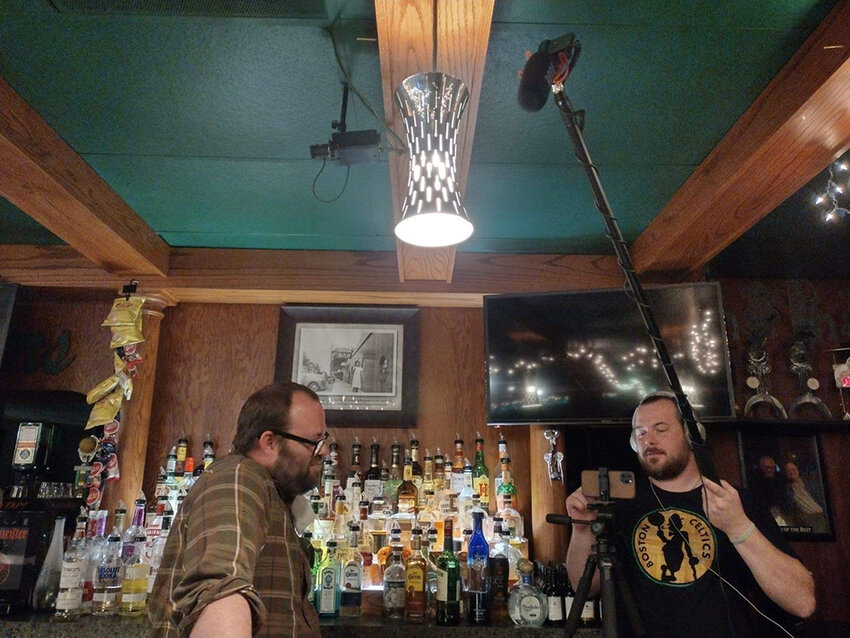 Brett Elstro (left) and Andy North behind the scenes of &ldquo;Salamander&rdquo; at the Mayfair Bar in Haslett.