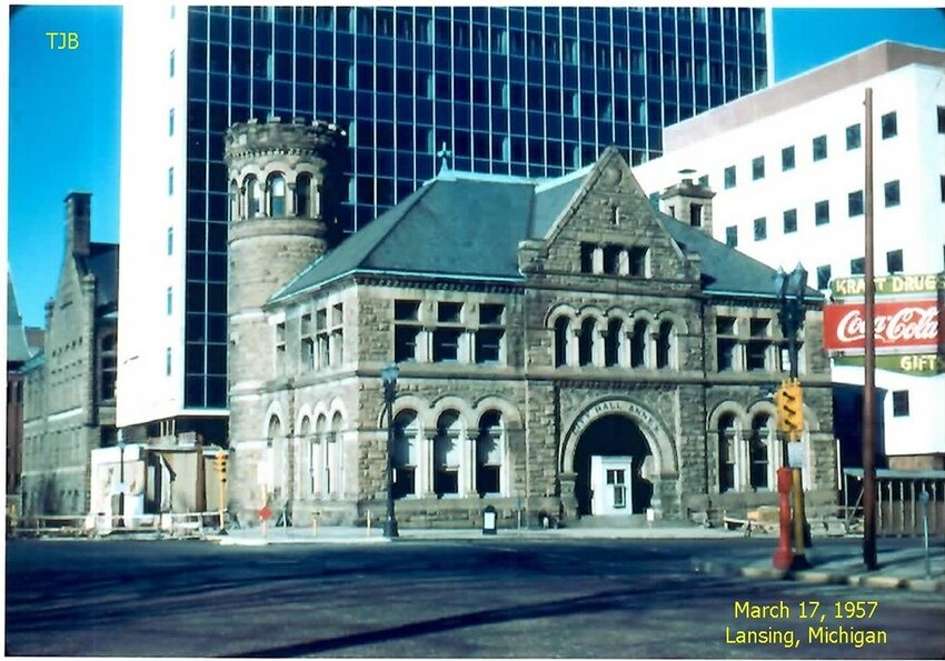 Lansing’s old Post Office, built in 1894 and demolished in 1958, from a 1957 photo found by Lansing history buff Timothy Bowman. It sat on the corner of Michigan and Capitol avenues on what is now the plaza in front of City Hall. After the new downtown Post Office was opened in 1934, the old one was turned into an annex for the old City Hall, which is in the photo behind the current City Hall.