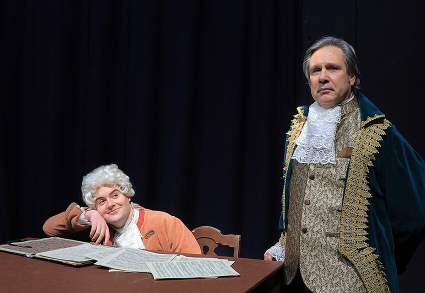 Lewis Elson (left) as Wolfgang Amadeus Mozart and Jeff Magnuson as rival composer Antonio Salieri in Riverwalk Theatre&rsquo;s production of &ldquo;Amadeus,&rdquo; running March 14 through 17 and 21 through 24.