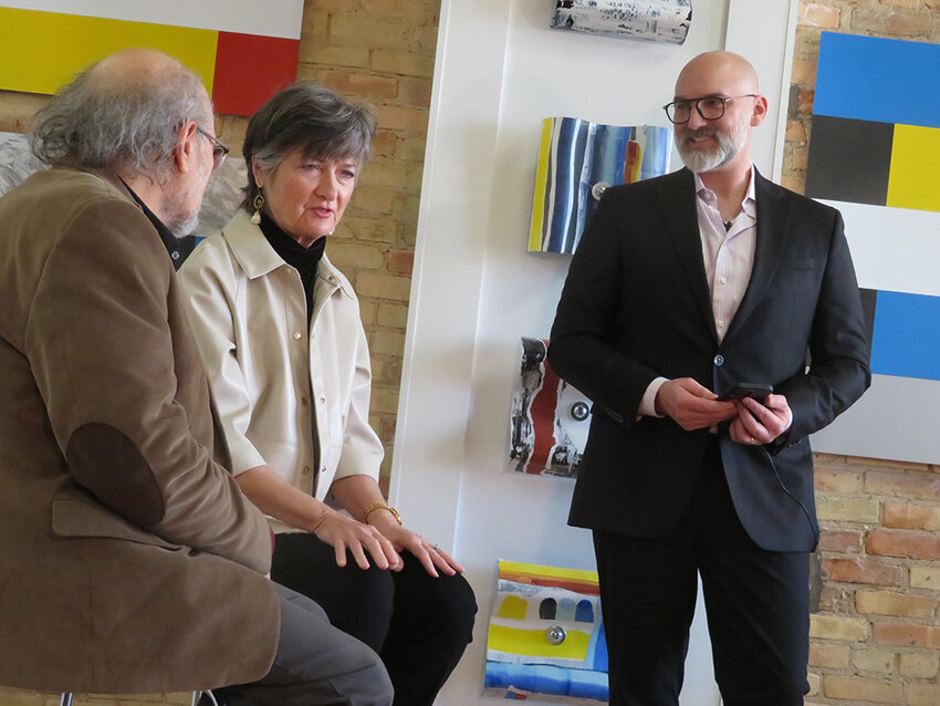 At an artist talk on Feb. 17, Mary Gillis spoke with Gladden Space owner Ian Stallings (right) and Detroit art scholar Vince Carducci (left) about the contrasts and common threads among the various phases of her work.