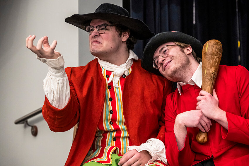 Chris Pongracz (left) and Lukas Nowak as con artists as Mr. Skreech and Clodney in Lansing Community College&rsquo;s production of &ldquo;My Emperor&rsquo;s New Clothes.&rdquo;