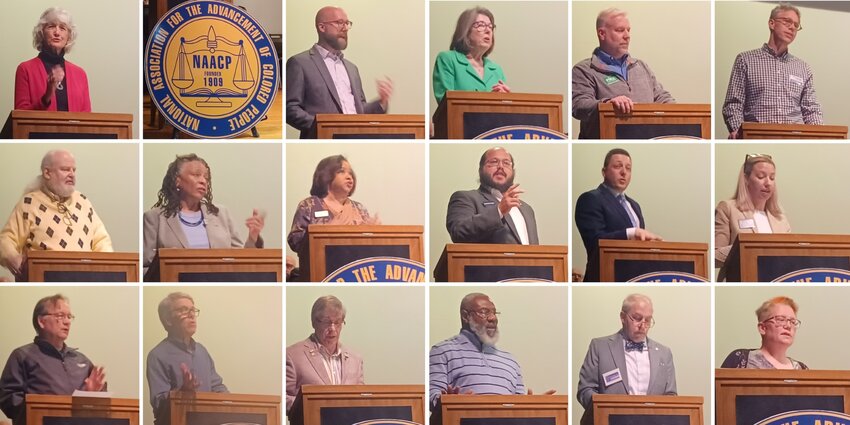 Candidates for Lansing's Charter Revision Commission speak at a Lansing NAACP forum on April 18. (Top row from left) Joan Bauer, Stephen Purchase, Liz Boyd, Ted O'Dell, Corwin Smidt; (Middle row from left) Tim Knowlton, Dedria Humphries Barker, Lori Simon, Heath Lowry, Justin Sheehan, Layna Anderson; (Bottom row from left) Jesse Lasorda, Randy Dykhuis, Mitch Rice, Muhammad Qawwee, Ross Yednock, Julie Vandenboom.