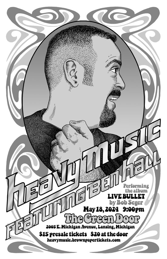 Local artist Dennis Preston created the poster for Heavy Music&rsquo;s May 18 &ldquo;Live Bullet&rdquo; tribute show at the Green Door, illustrating a portrait of vocalist Ben Hall in the style of the album cover.