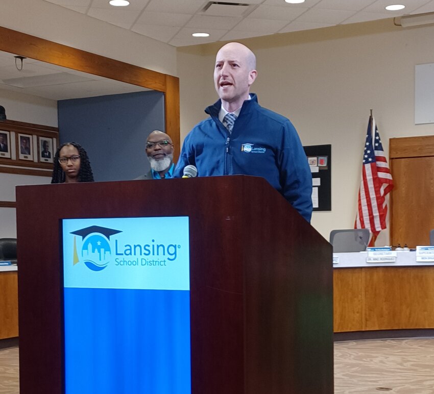 Lansing School District Superintendent Benjamin Schuldiner announces that the district was recently one of 13 recipients of the U.S. Department of Energy's 2024 Efficient and Healthy Schools program award.