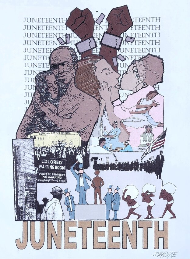 An illustration from local artist Julian Van Dyke&rsquo;s 2020 book &ldquo;Juneteenth, Celebrating Freedom&rdquo; depicts the Black struggle for freedom in the United States.
