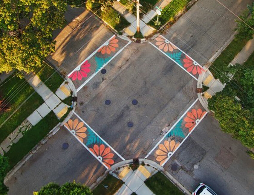 Drone footage of a painted crosswalk at the intersection of Hayford and Fernwood avenues.