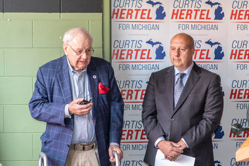Former Republican U.S. Rep. Joe Schwarz (left) endorsing Democratic congressional candidate Curtel Hertel Jr. today in East Lansing. Schwarz, who represented the district that included Delta Township and Grand Ledge, was defeated in 2007 after one term. He has since declared himself an independent.