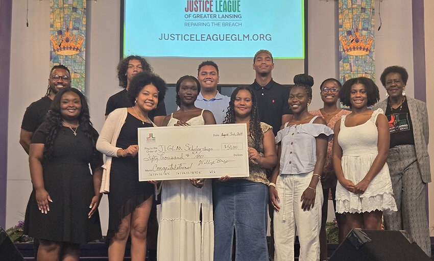 The Justice League of Lansing awarded its first scholarships Saturday at a ceremony at the Lansing Church of God in Christ. (Top row, from left) Justice League President Prince Solace, scholarship recipients Joseph Pizzo, Zachary Barker, Marvin Deh, Ahja Crawford and Justice League founder Willye Bryan. (Bottom row, from left) scholarship recipients J&rsquo;Kyla Hobbs, Olivia Burns, Lydia-Anne Ding-Mejok, Nala Noel, Hailey Perkins and Braelyn Jackson.