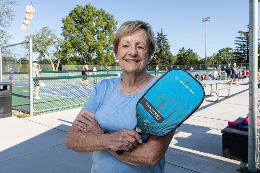 Sue Mills at Patriarche Park, where she led a fundraising  campaign to convert tennis courts to pickleball  courts.