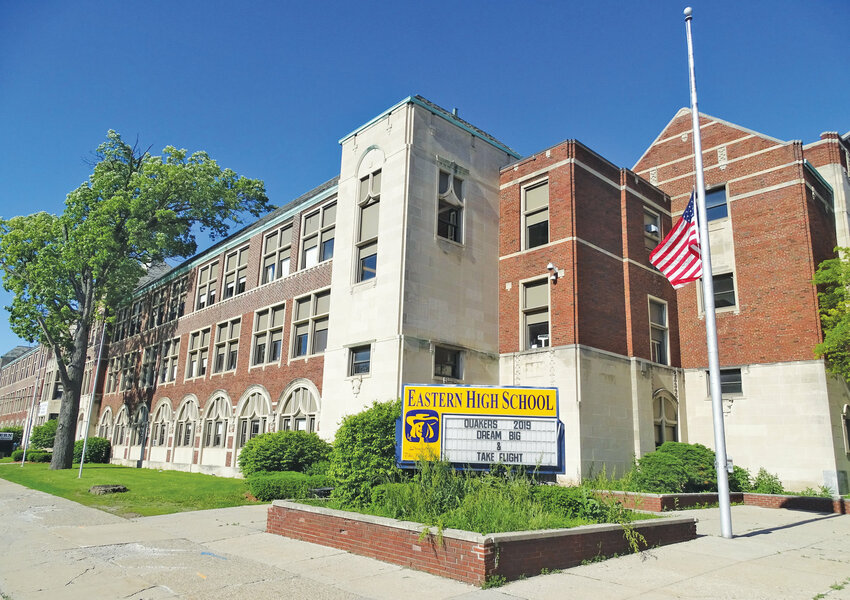 A photo of the exterior of Eastern High School from 2019, the year it closed.