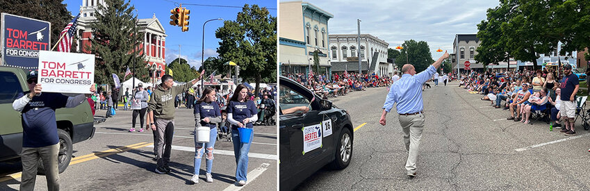 Republican Tom Barrett (left) campaigning at the Pioneer Days parade in Charlotte and Democrat Curtis Hertel Jr. at the Independence Day parade in Mason.